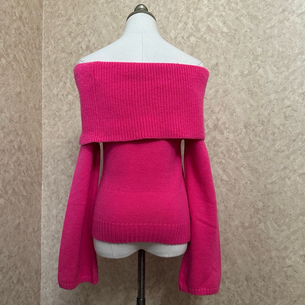 Hot Pink Fold Over Flare Sleeve Chunky Knit Sweater - Picture 3 of 7
